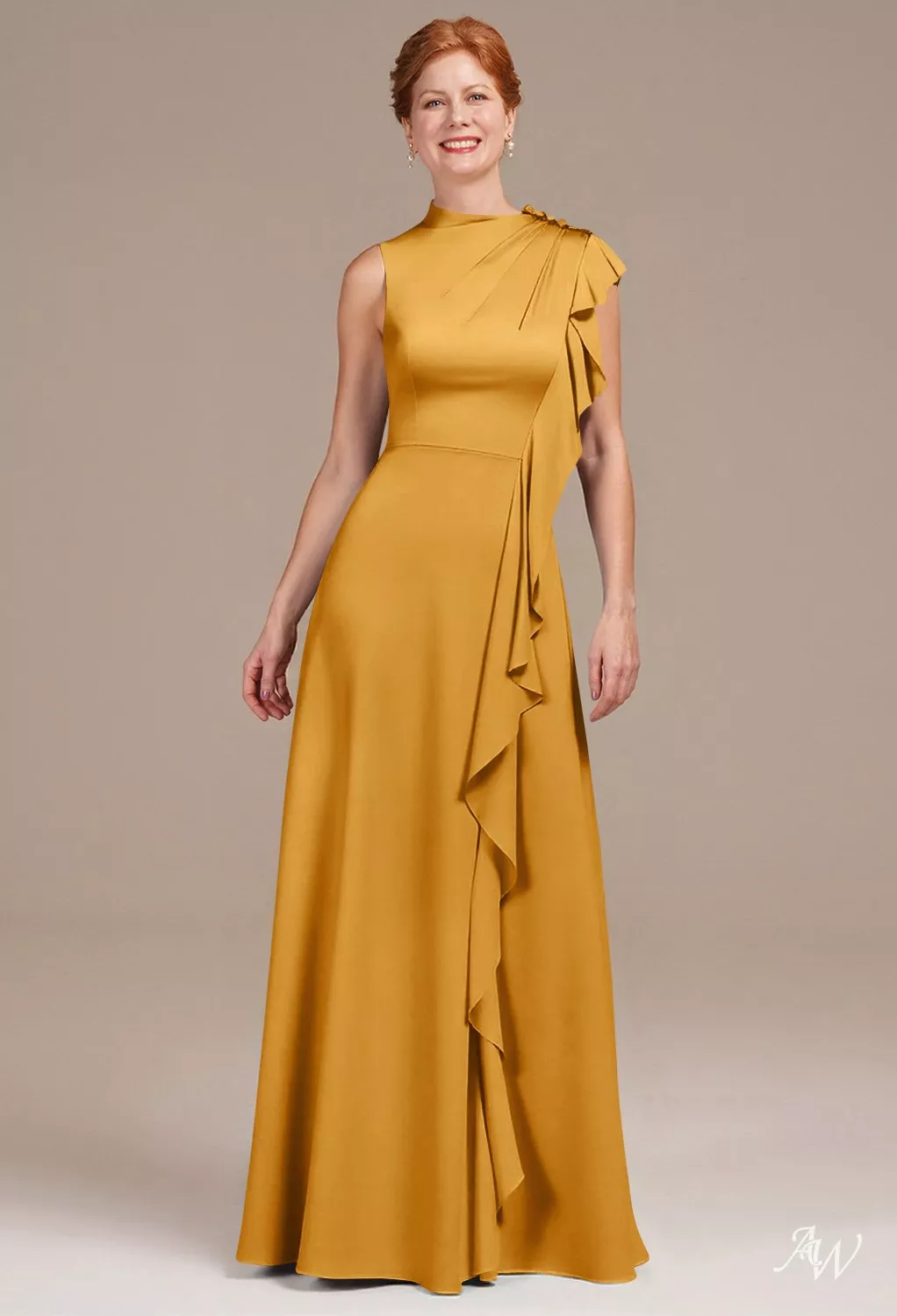AW Aston Dress, Navy Satin Charmeuse Floor Length Bateau Neckline
